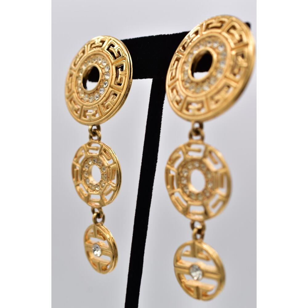 Givenchy Vintage Runway Logo Drop Clip On Earrings Gold Rhinestone Dangle Bin5 - Picture 3 of 12
